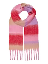 Bufanda tejida de textura suave con diseño de franjas horizontales en tonos rosados, rojos, lilas y beige. Presenta flecos en los extremos y formato largo.