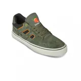 Championes de skate Emerica modelo Tilt G6 Vulc, colaboración con OJ Wheels. Diseño en color verde oliva con detalles en negro y naranja, confeccionados en gamuza y lona, con suela vulcanizada blanca.
