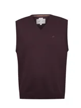 Chaleco de punto RKF modelo Vestswin, color bordó, con cuello en V, sin mangas y diseño regular fit. Presenta bordado del logo de la marca en el pecho.