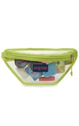 Riñonera transparente con bordes y cierre en color lila. Cuenta con el logo de la marca JanSport en el frente.