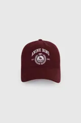 Gorra bordó Anine Bing de algodón con diseño estilo universitario y texto bordado en blanco en el frente.