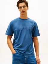Remera de manga corta Tommy Hilfiger en color azul, con cuello redondo y gráfico bordado con el nombre de la marca y el año de fundación en el pecho.