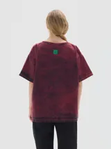 T-shirt de denim color bordó con efecto washed, corte oversize y cuello redondo. Presenta un estampado de tres estrellas azules en el pecho y la palabra "PASTIK" en azul en el bajo.