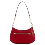 Cartera tipo hobo de Guess modelo Carrie, color rojo, fabricada en simil cuero con herrajes dorados y detalles de cadena en la correa de hombro. Cuenta con solapa frontal con cierre magnético y el logo de la marca en letras metálicas.