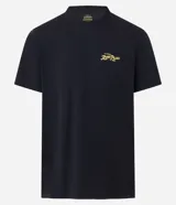 Remera masculina negra de algodón, corte comfort, con cuello redondo y mangas cortas. Presenta una estampa lettering con follaje "Royal Palace" en amarillo en el frente y la espalda.