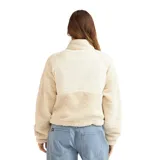 Canguro de corderito color blanco con paneles frontales de tela técnica, cierre frontal completo, cuello alto y bolsillos con cierre.