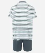 Conjunto de pijama masculino compuesto por una remera de cuello redondo y mangas cortas con estampado de rayas horizontales finas, y una bermuda lisa con cintura elástica.