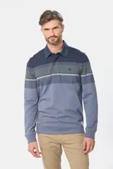Remera tipo polo de manga larga con diseño de rayas horizontales en tonos azul marino, marrón, gris y blanco. Presenta cuello de tela tipo denim y cierre frontal con botones ocultos.