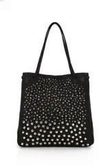 Cartera tote negra con asas finas y tachas plateadas de diferentes tamaños en el frente, creando un efecto degradado.