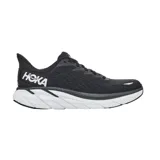Championes Hoka Clifton 8 para hombre, color negro con suela blanca. Zapatillas de running neutras, livianas y con suela exterior duradera.