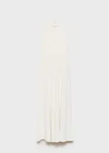 Vestido largo de diseño combinado, con cuerpo sin mangas de cuello redondo y falda evasé fluida. Presenta un corte entallado en la parte superior y cierre de cremallera en la espalda.