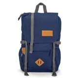 Mochila Jansport modelo Hatchet, color azul marino con detalles en gris y cuero sintético marrón. Presenta un compartimento principal con cierre de cordón y tapa superior con correas ajustables. Incluye bolsillos frontales con tapa y bolsillos laterales para botellas.