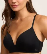 Conjunto de dos corpiños triangulares sin aro, uno negro y otro gris jaspeado, confeccionados en microfibra ligera con breteles finos ajustables.