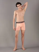 Pack de tres boxers tipo brief de algodón con cintura elástica distintiva de la marca Calvin Klein. Incluye un modelo negro, uno blanco y uno color salmón, todos con el logo estampado en la banda elástica.