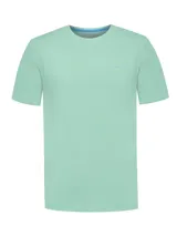 Remera de jersey 100% algodón orgánico marca RKF, de color verde menta, con cuello redondo, manga corta y calce regular. Cuenta con un pequeño parche del logo bordado en el pecho.