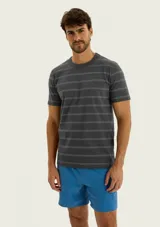 Camiseta gris de manga corta con diseño de finas rayas horizontales, cuello redondo y corte clásico.