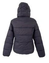 Campera inflada de nylon color azul marino, con cierre frontal, capucha integrada y diseño acolchado.