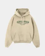 Canguro beige con capucha y bolsillo frontal tipo canguro. Presenta un estampado gráfico en el pecho con dos puños cerrados y la inscripción 'TA' LINDO' y 'TA' FRESCO', junto con el logo de la marca.