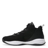 Championes de básquet Topper modelo Candun, de corte medio, color negro con suela blanca. Presentan una estructura de tejido técnico en el cuerpo y refuerzos sintéticos en la zona de los cordones y el talón.