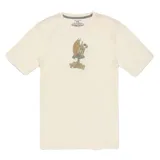 Remera de algodón orgánico color blanco, de manga corta y cuello redondo, con pequeño estampado gráfico en el centro del pecho.