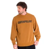 Buzo de cuello redondo color marrón tostado, con logo de Caterpillar estampado en negro en el pecho y detalle de triángulo amarillo bordado en la manga izquierda. Presenta puños y bajo de punto elástico.