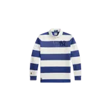 Remera polo de rugby Polo Ralph Lauren de manga larga, con diseño de rayas horizontales en blanco y azul marino. Cuenta con cuello clásico blanco, cierre frontal con botones ocultos y el logo de los New York Yankees bordado en el pecho.