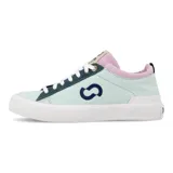 Zapatillas bajas de lona color celeste con detalles en lila y verde. Logo de la marca en el lateral y suela de goma color lila.