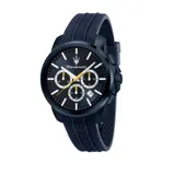 Reloj cronógrafo Maserati Successo con caja de acero inoxidable azul de 42mm y correa de silicona texturizada en el mismo tono. Esfera azul con índices luminiscentes, subesferas funcionales, ventana de fecha y logo de la marca en la parte superior.