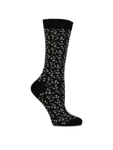 Medias de largo medio color negro con estampado floral en tonos celestes y rosados, con puntera y talón reforzados.