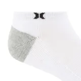 Pack de seis pares de medias cortas blancas con talón y puntera en gris. Logo de Hurley en negro en el tobillo.