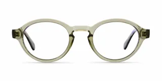 Lentes con filtro de luz azul modelo Kali Sand, con montura redonda de bio-plástico en color verde traslúcido y cristales transparentes.