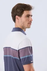 Remera polo de manga corta con diseño de franjas horizontales en tonos azul, beige, marrón y celeste. Cuenta con cuello camisero, cierre frontal de dos botones y pequeño logo bordado en el pecho.