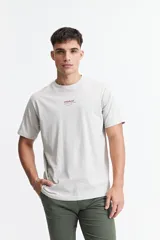 Remera de manga corta color beige, con fit regular y escote redondo. Presenta un lettering estampado en el pecho con la palabra "mistral" y "registered trade mark Estd. 1978" en color bordó.