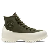 Botas Converse Chuck Taylor All Star Lugged de caña alta color verde oliva, con capellada de cuero texturizado, puntera reforzada de goma, parche del logo en el lateral y suela de goma con plataforma y diseño dentado para mayor agarre.