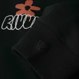 Canguro negro con capucha y bolsillo delantero tipo canguro. Estampado pequeño en el pecho con el logo de la marca y una flor.