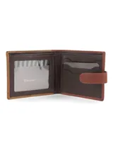 Billetera Terrano de diseño clásico, confeccionada en nobuck color tostado con detalles en cuero color marrón oscuro. Cuenta con presilla de cierre para mayor seguridad y compartimentos internos para organizar tarjetas, billetes y documentos.