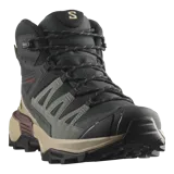 Botas de trekking Salomon X Ultra 360 Mid Gore-Tex, de media caña, color negro, gris y tostado. Cuenta con tecnología impermeable Gore-Tex, chasis avanzado para mayor estabilidad, suela Contagrip con agarre todoterreno y cordones tradicionales.