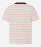 Blusa de corte boxy confeccionada en algodón, con diseño de rayas horizontales, cuello redondo de punto en color contrastante y mangas cortas.