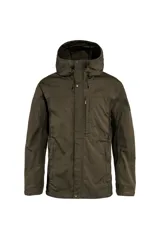 Campera azul con detalles en negro, con capucha ajustable y cierre frontal con botones a presión.