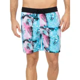 Short de baño Volcom modelo Breaker con estampado abstracto en tonos celestes, rosas, blancos y negros, cintura elástica negra y cordón ajustable.