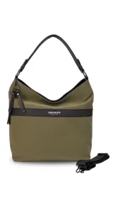 Cartera tipo hobo de tamaño grande en color beige, con detalles en negro. Presenta una franja horizontal negra con el logo de la marca, asa corta de hombro y correa larga desmontable. Incluye bolsillo frontal con cierre oculto y bolsillo trasero.