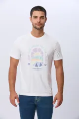 Remera de algodón de calce clásico y cuello redondo, con estampado frontal de temática surf con colores pasteles.