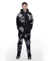 Canguro con capucha de denim negro con manchas grises, cierre frontal parcial con cremallera y bolsillo tipo canguro.