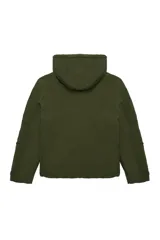 Campera acolchada color verde militar, con capucha integrada, cierre frontal de cremallera y mangas largas. Diseño funcional y versátil para uso diario.