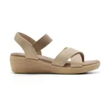 Sandalias de mujer color beige, con plataforma y tiras elásticas cruzadas.