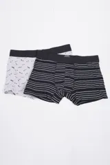Pack de dos calzoncillos tipo bóxer con cintura elástica con logo. Uno de los modelos es gris claro con estampado de patinetas y el otro es negro con rayas horizontales blancas y grises.