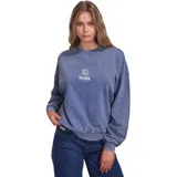 Buzo de cuello redondo con efecto de lavado desgastado, color azul. Presenta un pequeño bordado gráfico en el pecho con el logo de la marca.