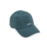 Gorra tipo dad hat de corderoy color azul verdoso, con visera curva y corona baja. Presenta la palabra "Martha" bordada en cursiva en color claro en el frente.