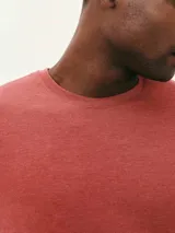 Camiseta básica de manga corta y cuello redondo, color rojo oscuro.