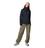 Campera acolchada de mujer con tecnología térmica, cierre frontal completo, cuello alto y puños con orificios para pulgares. Presenta un diseño de costuras horizontales y diagonales, con logo de la marca en el pecho.